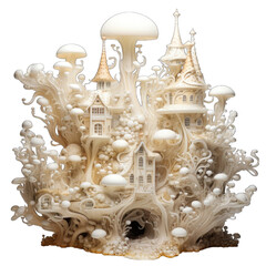 A sculpture of a fantasy world with a bride holding an umbrella standing in front of a small house in a forest of mushrooms.