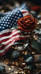 American Flag and Rose in Cemetery Selective focus