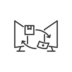 E-commerce, linear icon. Transfer of money and goods between monitors. Line with editable stroke