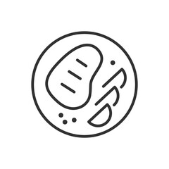 Food on a plate. Dish, linear icon. Meat and vegetables. Line with editable stroke