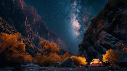 Tents camping in the dark night with dramatic milky way on above, in autumn season, alone life and journey tourist, - obrazy, fototapety, plakaty