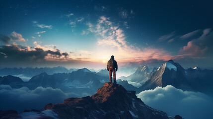 Victory moment a man standing on the top mountain and looking forward to far away - obrazy, fototapety, plakaty