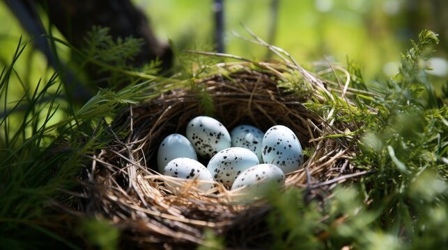 Ecological eggs of a bird in a nest in the middle of nature