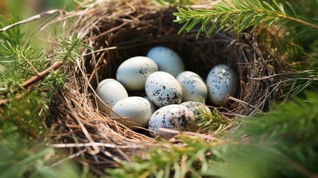 Ecological eggs of a bird in a nest in the middle of nature