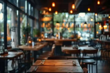 Keuken spatwand met foto Blurred cafe scene perfect for background ambiance capturing essence of bustling coffee shop or restaurant with bokeh effect showcasing abstract interior atmosphere suitable for business dining © Bussakon