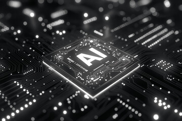 Top down view of circuit board with main controlling CPU chip. A Text "AI" write on a center Chip. Computer graphic of digital device. Computers and technology concept. Generative Ai Illustration.
