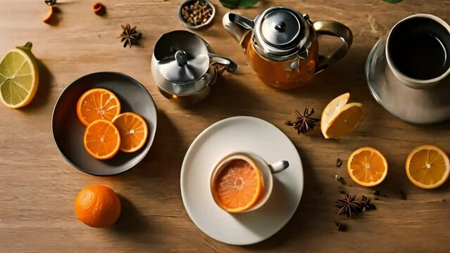 tea and citrus fruits with a black green orange theme: background footage of animation emerging and transforming
