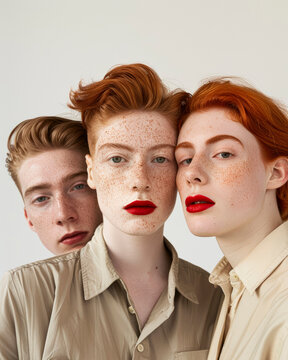 Proud androgyne friends with readhead, freckles and red lips at sutdio, androgyny and individuality