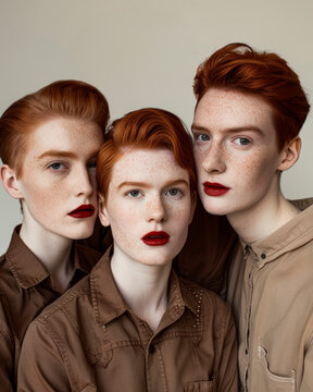 Androgyne people with short readhead hair, freckles and red lips, androgyny at studio