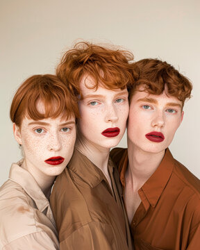 Creative portrait of androgyne people with short readhead hair, freckles and red lips, androgyny