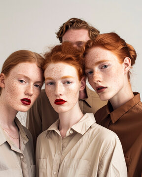 Elegant feminity studio shot of redhead women with freckles and red lips, femenine