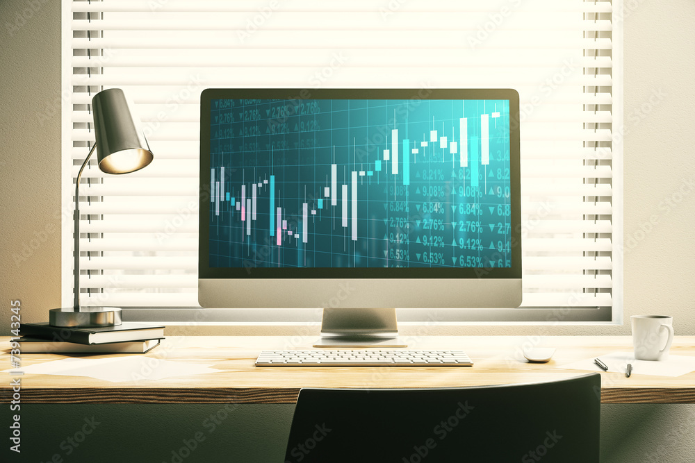 Poster abstract creative financial graph on modern laptop monitor, forex and investment concept. 3d renderi