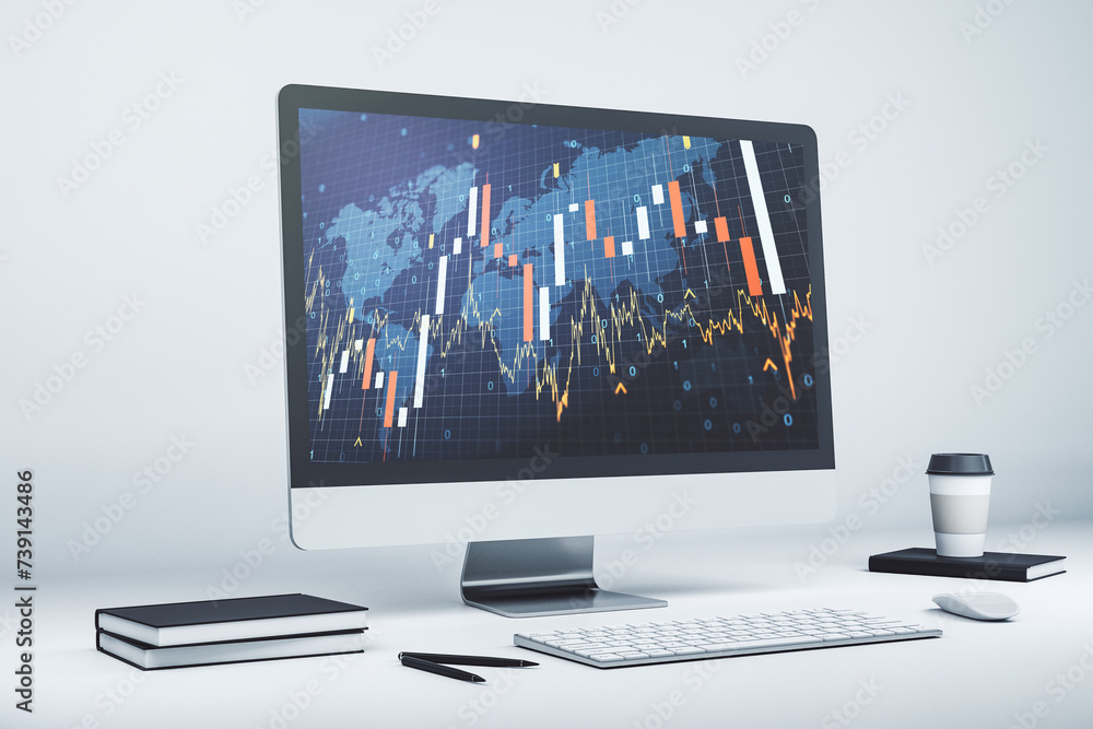 Aufkleber modern computer display with abstract financial graph with world map, financial and trading concept.