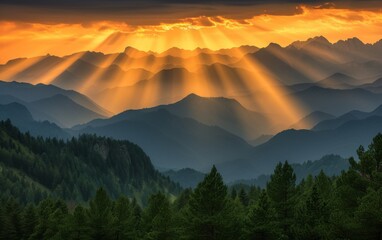 This painting depicts the sun breaking through the clouds, casting a warm glow over a mountainous landscape. The sun appears to be peeking out from behind the thick, white clouds, illuminating the jag