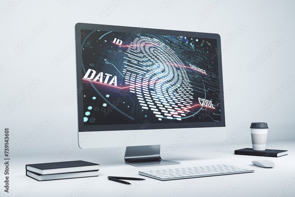 Aufkleber Computer monitor with abstract fingerprint scan interface, digital access concept. 3D Rendering