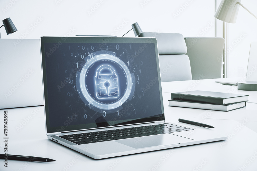 Poster Modern computer monitor with creative lock hologram and chip. Information security concept. 3D Rendering