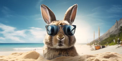 Foto auf Leinwand A rabbit wearing rabbit with fashion balk sunglasses cute rabbit of nature background  © Ishia