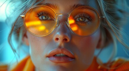 "Portrait d'une jeune femme avec lunettes rondes orange"