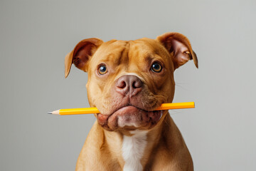 Americanbully minisize Dog with a pencil in a mouth at the office, in grey empty background. Generative Ai Illustration.