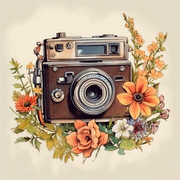 illustration vintage camera, barroc, embrace the grain, flowers