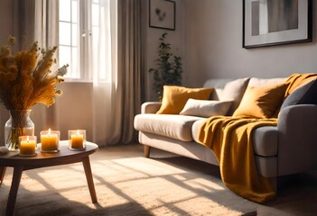 Modern living room with sofa and yellow cushions.