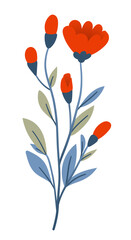 Bouquet of plants and red flowers in flat style on white background. Meadow flowers and grasses, leaves and poppies. Vector illustration © Katerina
