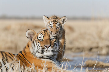 tiger and cubs in the savanna