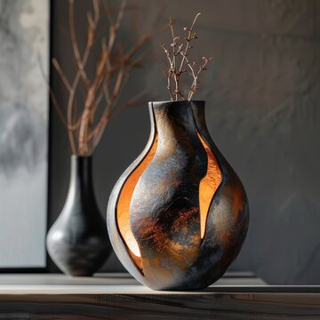 "Vase d&eacute;coratif au design unique : forme bulbeuse, motifs flamboyants en noir, orange et gris, ambiance artistique."
