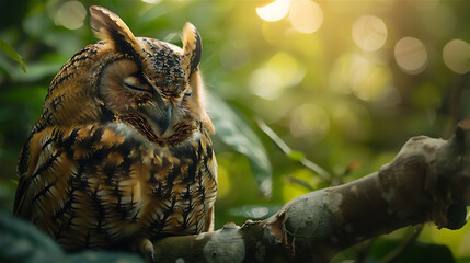 great horned owl in autumn - obrazy, fototapety, plakaty