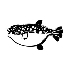 コモンフグ（小紋河豚）の和風ベクターイラスト（白黒）。 © nagamushi studio