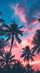 Fototapeta na wymiar A beautiful portrait of a beach with silhouetted plants and coconut trees. A purple, blue, and pink sky. Wallpaper aesthetic mobile phone, Wallpaper beautiful beach. Created with Generative AI.