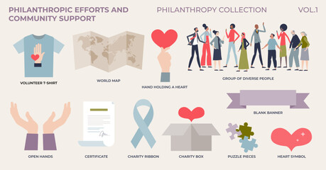 Philanthropic efforts and community support from tiny person collection set. Labeled philanthropy elements with social aid, help and donations vector illustration. Assistance and generosity campaign.