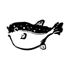 クサフグ（草河豚）の和風ベクターイラスト（白黒）。