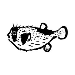 ネズミフグ（鼠河豚）の和風ベクターイラスト（白黒）。