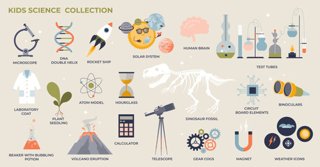 Kids science and fun experimental way to teach nature tiny collection set. Labeled elements with physics, chemistry, biology and geography for children learning vector illustration. Knowledge study.
