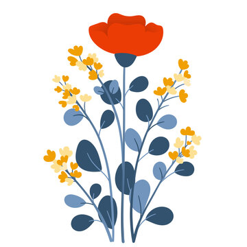 Fototapeta Bouquet of plants and red flowers in flat style on white background. Meadow flowers and grasses, leaves and poppies. Vector illustration