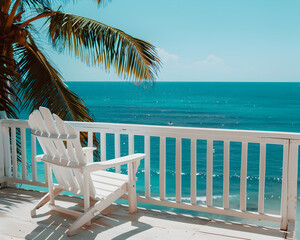 white beach chair sitting on top of a balcony next to the ocean