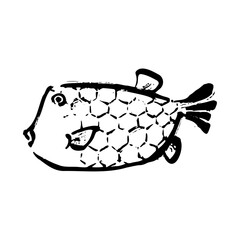 ハコフグ（箱河豚）の和風ベクターイラスト（白黒）。