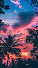 Fototapeta na wymiar A beautiful portrait of a beach with silhouetted plants and coconut trees. A purple, blue, and pink sky. Wallpaper aesthetic mobile phone, Wallpaper beautiful beach. Created with Generative AI.