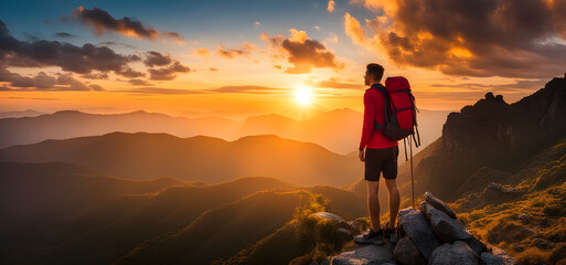 Young man hiker looking sunset at top of the mountain. goals concept. success concept. - obrazy, fototapety, plakaty
