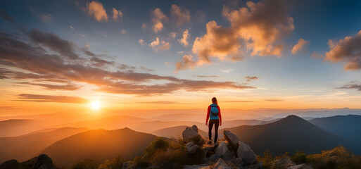 Young women hiker looking sunset at top of the mountain. goals concept. success concept. - obrazy, fototapety, plakaty