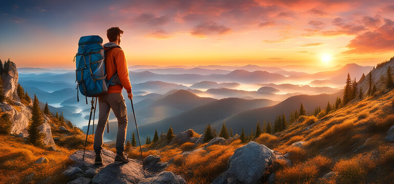 Young Man Hiker Looking Sunset At Top Of The Mountain. Goals Concept. Success Concept.