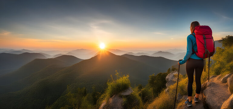 Young Women Hiker Looking Sunset At Top Of The Mountain. Goals Concept. Success Concept.