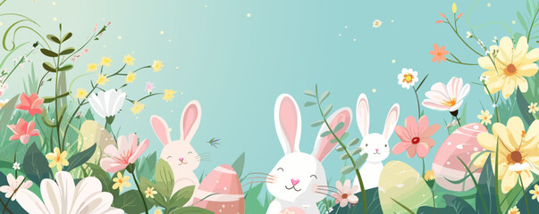 Easter background with bunnies, flowers and eggs. Vector illustration. - obrazy, fototapety, plakaty