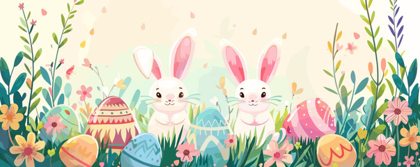 Easter background with cute rabbits, eggs and flowers. Vector illustration.