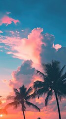A beautiful portrait of a beach with silhouetted plants and coconut trees. A purple, blue, and pink sky. Wallpaper aesthetic mobile phone, Wallpaper beautiful beach. Created with Generative AI.