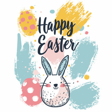 Happy Easter greeting card with cute bunny. Hand drawn vector illustration.