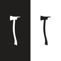 Fire axe vector icon with long ax handle. Black silhouette hatchet on white background.