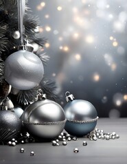 Elegant Christmas background in silver shades, with two baubles hanging and glittering highlights creating a magical atmosphere Generative AI