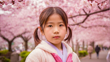 Young Girl with Cherry Blossoms in Spring